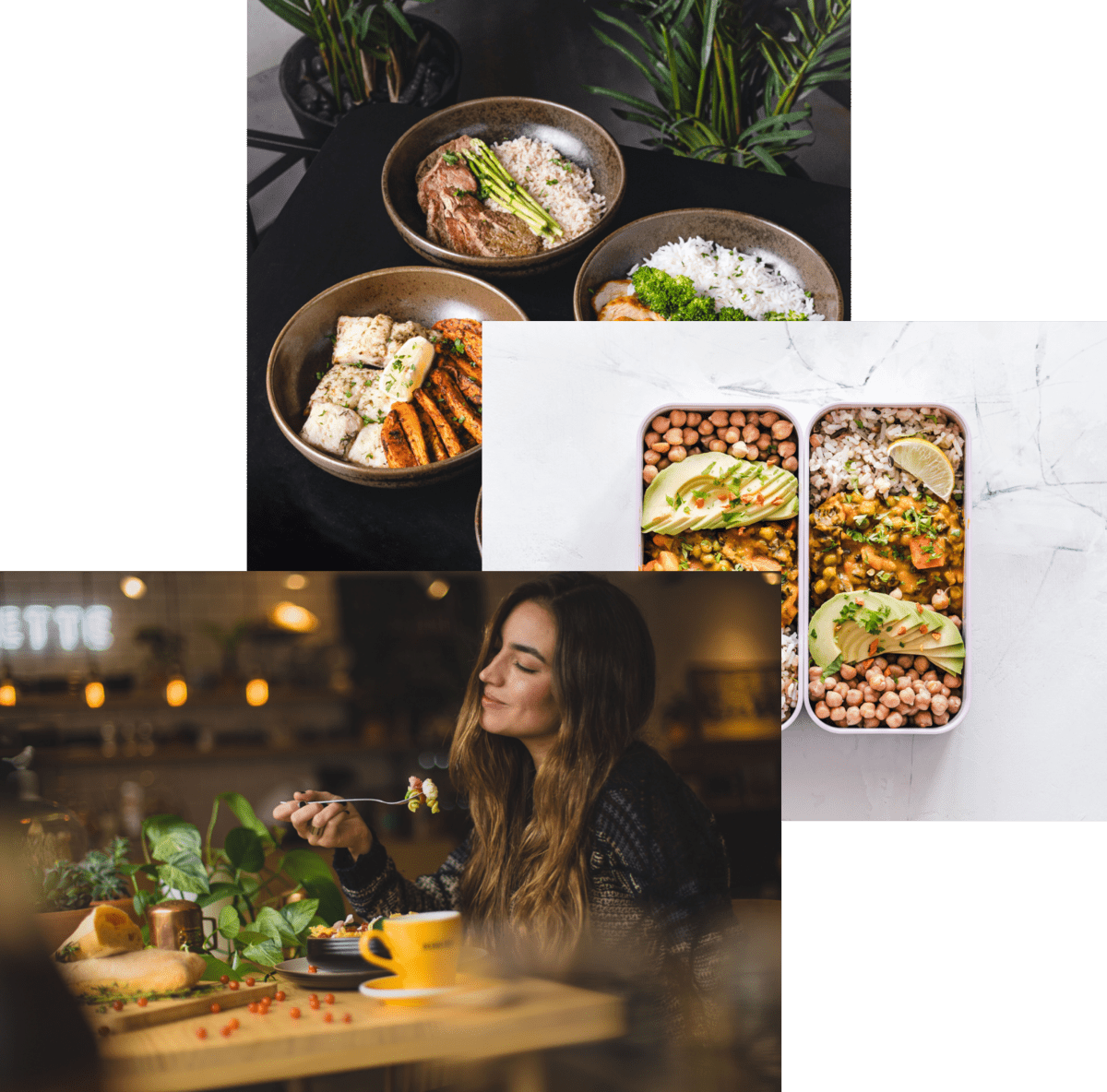 Woman enjoing food, meals in storage container and food bowls on a table
